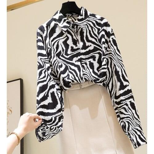 Zebra Chiffon Women Shirts Summer New 2021 Turn-Down Collar Long-Sleeved Slim Elegant Office Lady Outwear Tops
