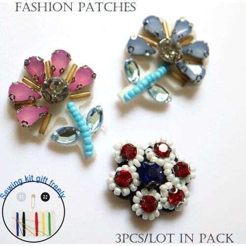 3pcs/lot flower beaded Patches for Clothing Rhinestone sequins floral parche Appliques Decoration Badge parche