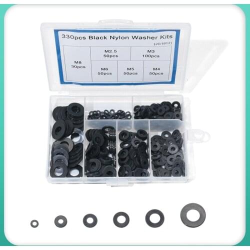 330pcs Black or White Plastic Nylon Washer Flat Spacer Washer Seals Gasket Ring Assortment Kit with Box M2.5 M3 M4 M5 M6 M8 Ring