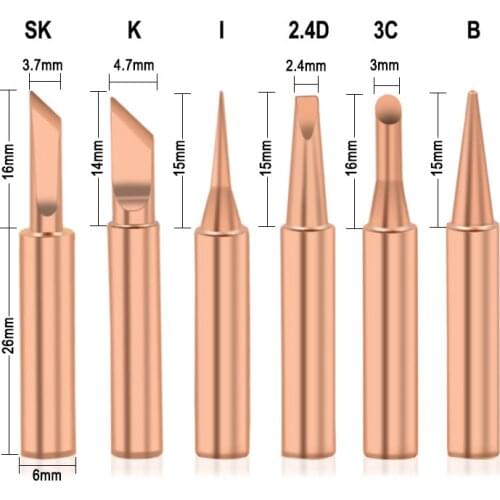 6PCS I+B+K+2.4D+3C+SK Soldering Iron Pure Copper 900M Soldering Iron Head Set Inside Hot Bare Copper Electric Soldering Iron Tip