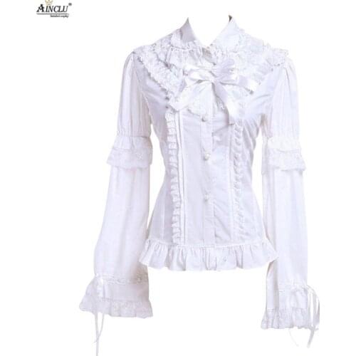 Ainclu Free Shipping XS-XXL Cotton White Long sleeves Lace Trim And Ruffle Decoration Rendering and Outer Wear Lolita Blouse