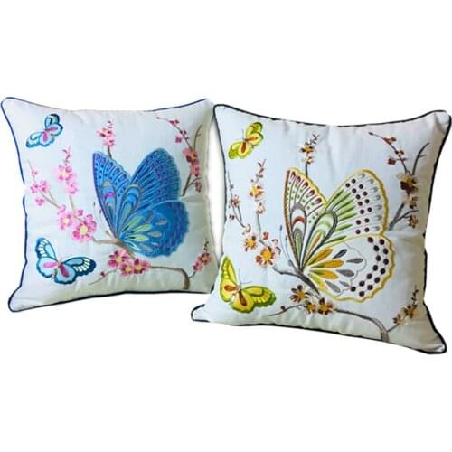 Butterfly Cushion Cover 45x45cm Floral Country Style Pillow Cover Cotton Embroidery Suqare Home decoration for Living Room