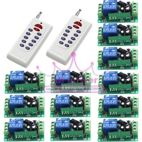 Wireless 1CH Gate Garage Door Remote Control Switch DC 12V RF 2pcs 12-Buttons Transmitter and 12pcs 1CH Receivers High Quality