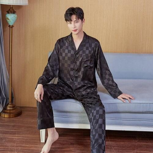 Calm Black Plaid Silk Pajama Man Sleepwear Set Mens Home Pajamas Suit