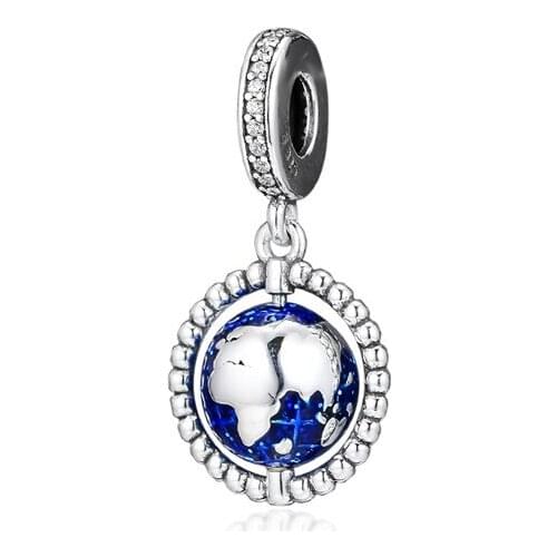 SPINNING GLOBE HANGING CHARM Love Travel Fits European Silver Bracelets Woman DIY 925 Silver Beads For Jewelry Making