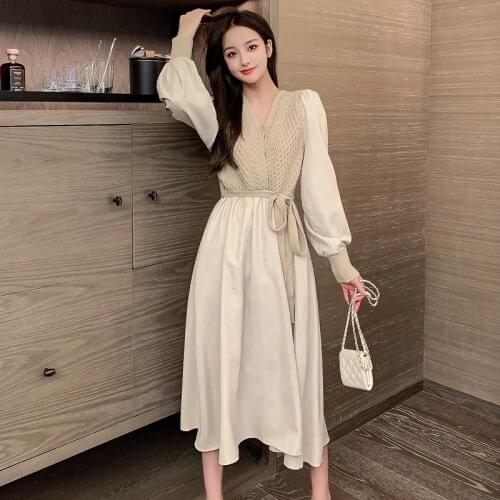 COIGARSAM Women one-piece dress korean New High Waist Dresses Black Apricot 9296