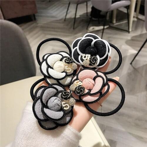 Scrunchies For Women Girl Elastic Hair Ties Bands Adult Black Camellia Flower Floral Pearl Fashion Head Accessories Wholesale