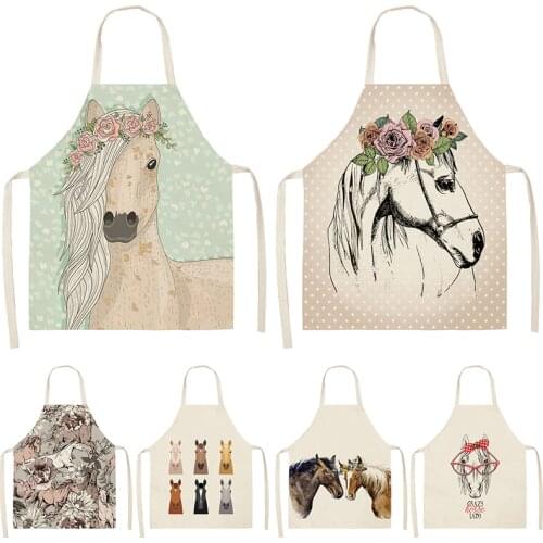 1Pcs Horse Kitchen Sleeveless Aprons For Women Cotton Linen Bibs Household Cleaning Pinafore Home Cooking Apron 53*65cm WQL0176