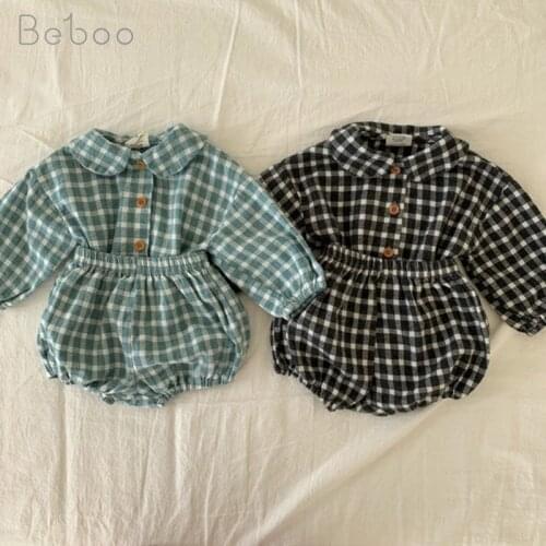 Ins Children Clothing 2021 Spring And Autumn Plaid Sets 2pcs Tops+shorts Clothes Suit For Girls Long Sleeve Cotton Infants 0-3y