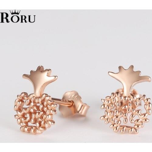 Trendy 100% 925 Sterling Silver Sweet Fresh Cute Fruit Pineapple Hollow Stud Earrings Rose Gold for Women Girls Gifts Jewelry