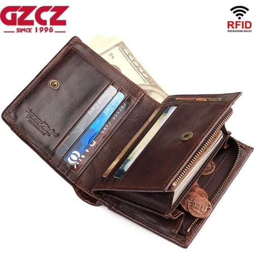 GZCZ 100% Genuine Leather Men Wallet Coffee Coin Purse New Small Mini Card Holder Chain PORTFOLIO Portomonee Male Walet Pocket