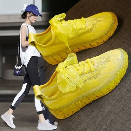2020 Summer New Fashion Sports Net Shoes Lace Casual Mesh Breathable Thick Bottom Lace-Up Solid Riband Cover Heel Flat with Mesh