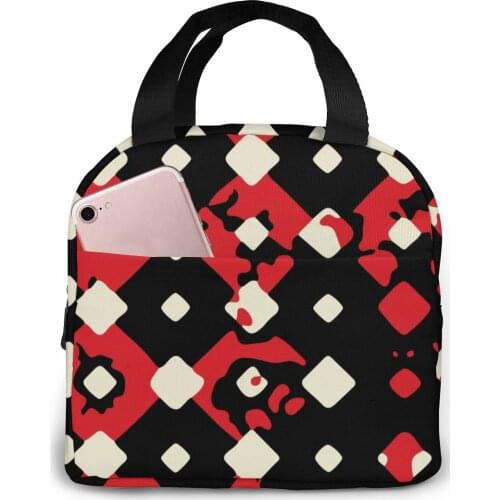 Portable Lunch Bag Black Red Pattern Thermal Insulated Lunch Box Tote Cooler Bag Bento Pouch Lunch Container Food Storage Bag