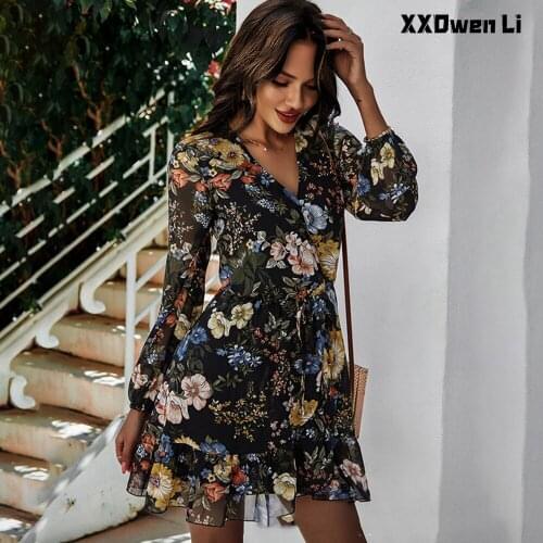 Chiffon Print Mini Dress For Women Fashion Casual Long Sleeve V-Neck High Waist A-LINE Lace Up Elegant Woman Dresses Robe Femme