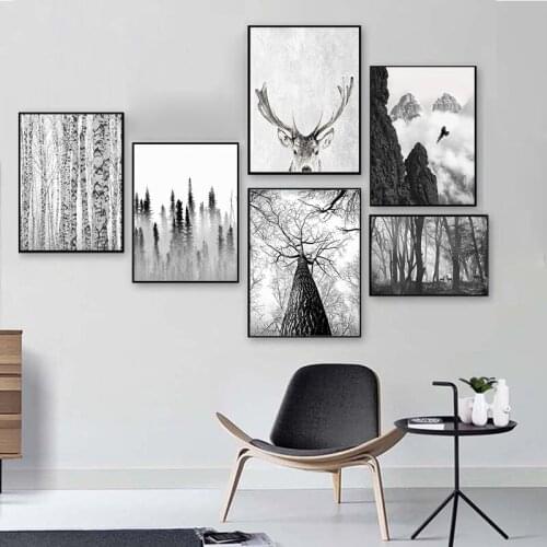 Scandinavian Forest Deer Eagle Black White Landscape Canvas Poster Nordic Wall Art Print Minimalist Painting Living Room Picture