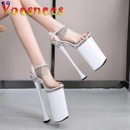 Voesnees Brand Women Shoes Stripper Heels Crystal Super High Thin Heels 26cm Diamonds Sexy Platform Modern Sandals Wedding Shoes
