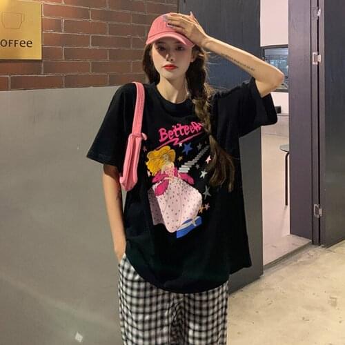 Woman Tshirts Design Niche Black Short-sleeved T-shirt Women Summer New Korean Style Loose Clothes Tops Tide