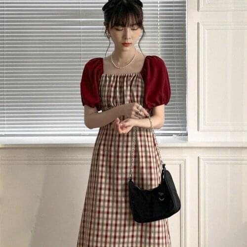 Women Dresses 2021 Summer Plaid Stitching Dress Vestido De Mujer Femme Robe