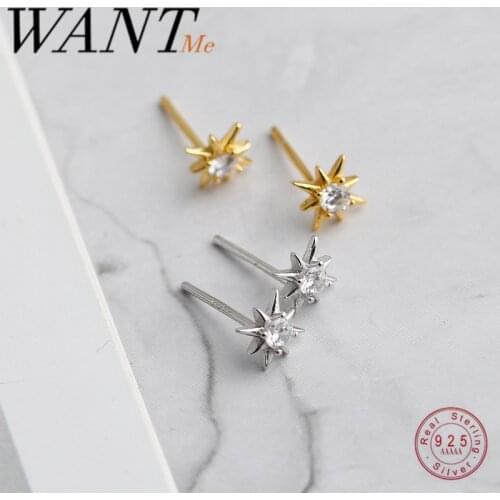 WANTME Real 925 Sterling Silver Minimalist Round Zircon Light Stars Mini Stud Earrings for Women Chic Birthday Jewelry Gift