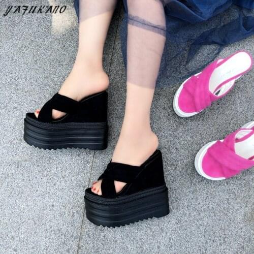 13Cm Wedge Platform Peep Toe Women Slippers Sexy Party Dress High Heels Sandals Summer Solid Flock Outdoor Non-Slip Beach Slides