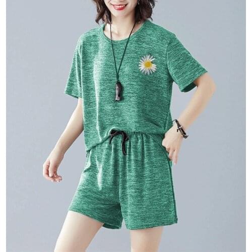 Plus Size 2 Piece Sets Women Summer O-Neck Casual Top 2021 Female Clothing Tracksuit Drawstring Loose Shorts Two-Piece Set Y237