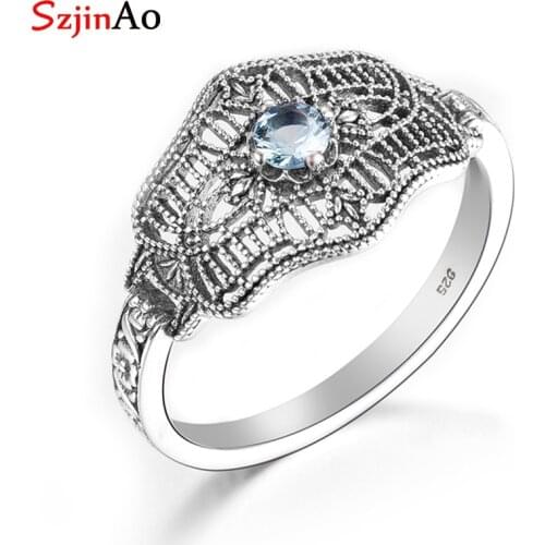 SzjinAo Classic Unique Solid 925 Sterling Silver Fringer Rings for Women Aquamarine Crystal March Birthstone Halloween Jewelry