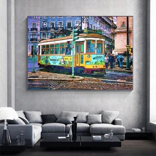 Watercolor Lisbon City Canvas Painting Bus Tram Graffiti Art Posters and Prints Morden Wall Pictures for Living Room Home Decor