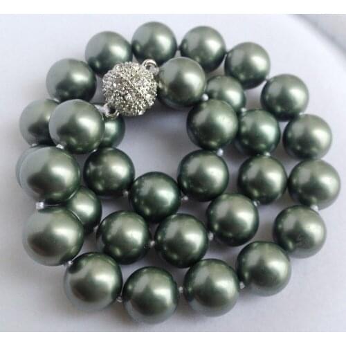 FREE SHIPPING>>>@@ > New12mm Army Green South Shell Pearl Round Beads Necklace Magnet Clasp AAA style Fine Noble real Natural