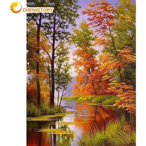 Chenistory Autumn Tree And River Oil Painting By Numbers For Adults DIY Paints Kits Unique Gift 40x50cm Framed Home Wall Art