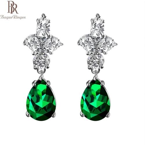 Bague Ringe Classic 925 sterling silver drop earring charm lady with water drop shape emerald gemstone wedding party jewelry