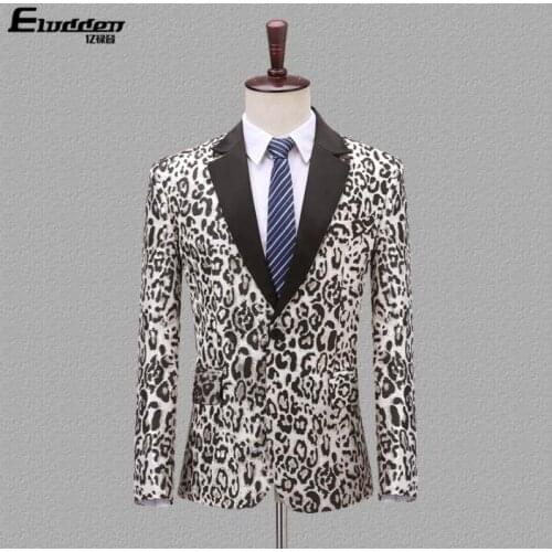 Korean Blazer men groom suit Leopard pattern mens wedding suits costume singer star style dance stage clothing formal dress