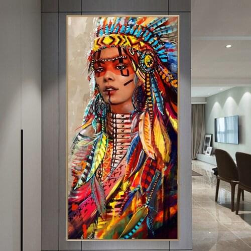 Colorful Indian Woman Canvas Art Posters Native Woman Canvas Paintings Wall Art Pictures for Living Room Home Decor (No Frame)