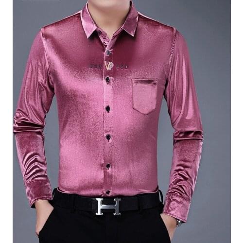 Pink Velvet Shirts For Mens Green Flannel Plush Blouse Big Size Burgundy Red Velour Dress Shirts Winter Purple Plus Size Tops