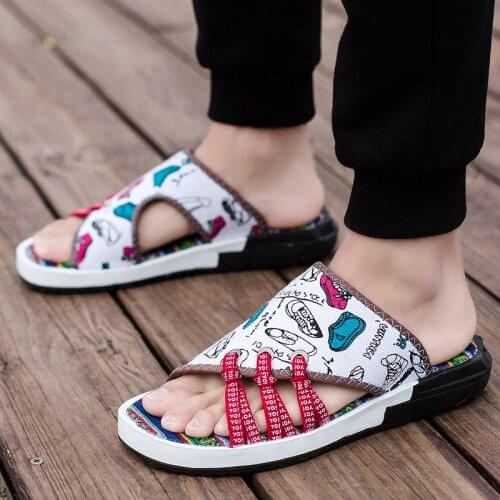 Retro Mens Flip Flops Summer Printed Male Casual Slipper New Arrivals Indoor Canvas Loafers Shoes Non-slip 2021 fashion shoes