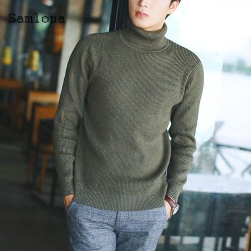 Samlona Autumn Sweater Turtleneck Knitwear Men Smart Casual Pullovers Green Black Winter Knitted Sweater Mens Clothing 2021