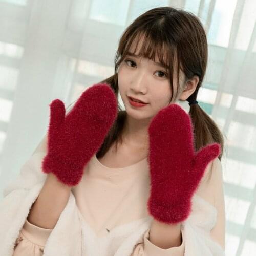 Fashion Solid Cashmere Winter Gloves Women Warm Wool Knitted Gloves For Women Ladies Cute Mittens
