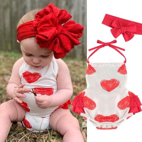 Princess Baby Girls Boys Bodysuits Valentines Day Outfits Heart Print Ruffles Sleeveless Halter Jumpsuits 0-24M