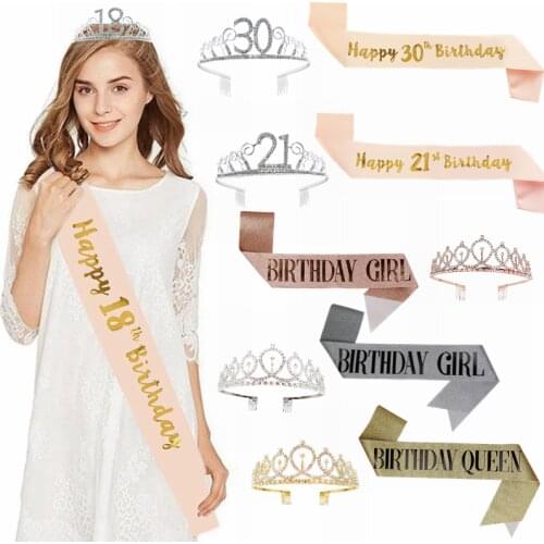 Birthday Party Satin Sash with Crystal Crown 18 21 30 40 50 Rose Gold Satin Sash Silver Crown Adult Happy Birthday Decoration 8z