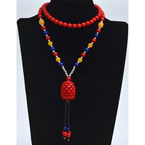 Drop Shipping Red Vermilion Pendant Tridacna Necklace Beautifully Carved Round Beads Sweater chain Gift For Women Jewelry