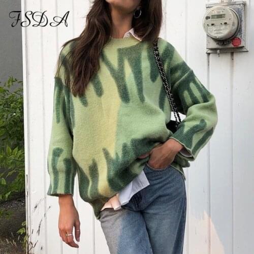 FSDA O Neck Print Loose Sweater Women Long Sleeve Oversized Autumn Winter 2021 Y2K Pullover Casual Fashion Jumper Tops