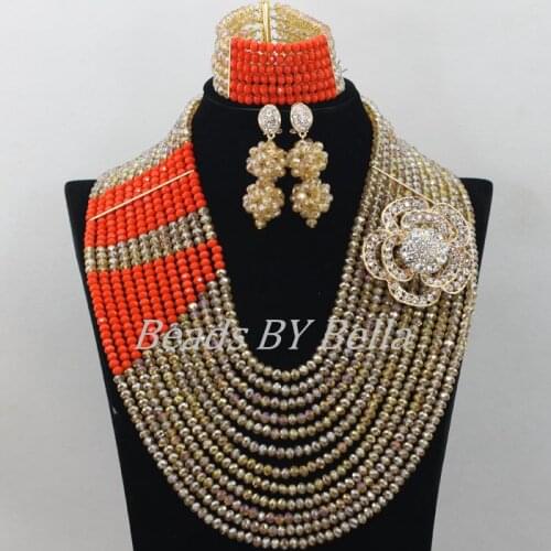Gorgeous Lace Jewelry Gold Crystal Beads Necklace Nigerian Wedding African Beads Jewelry Set Bridal Sets Free Shipping ABF514
