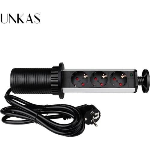 UNKAS 16A PULL POP UP 3 Power EU Socket New Black Color Dual USB Port Kitchen Table Desktop Retractable Countertops French Plug