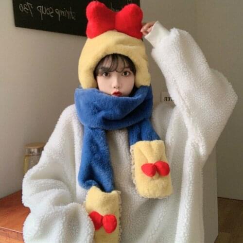 Japanese Fashion Winter Cute Bow Warm Lolita Caps Soft Girl Sweet Princess Scarf Hat Glove Sets Fall Women Kawaii Plush Hat Gift