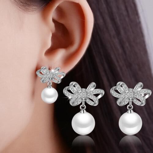 Wholesale Luxury 925 Sterling Silver Pearl Earrings Bowknot Cross Stud Fashion Women Wedding Fine Jewelry Engagement Gift