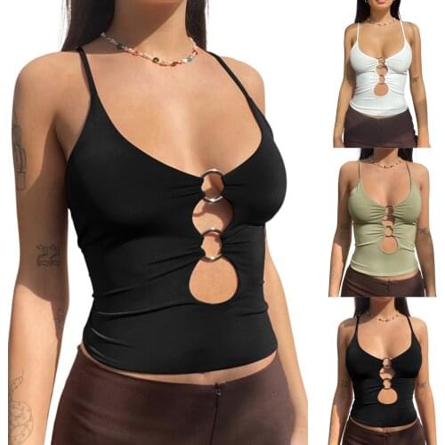 Women Close-fitting Camisole with Decorative Hoop, Solid Color U-shaped Collar Crop Tops, Olive/ Black/ White