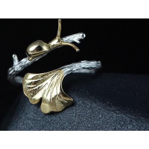 Ring 925 Sterling Silver Snail Ginkgo Leaves Open Rings For Women Chinese National Style Lady Creative Jewelry