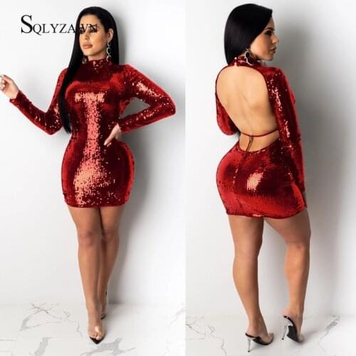 Sexy Sequins Turtleneck Long Sleeve Backless Mini Dress Women Night Club Christmas Party Glitter Black Red Bodycon Short Vestido