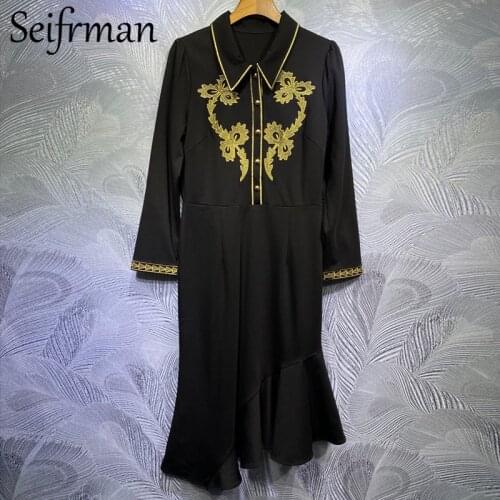 Seifrmann Women Summer Fashion Runway Party Midi Dress Embroidery Long Sleeve Ruffles High Waist Ladies Patchwork Dresses 2021