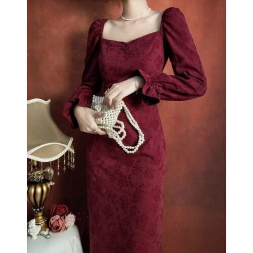 JuneLove Vintage Autumn Dress Women Long Sleeve Backless Bodycon Ruched Dress Off Shoulder Floral Franch Style Dress Vestidos