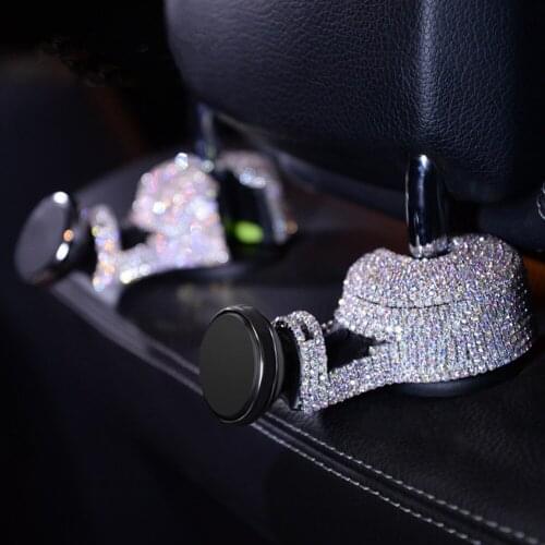 2pcs Sparkly Crystals Car Seat Back Hooks with Magnetic Phone Holder Front Seat Hanging Hook Headrest Organizer 10kg Max Load
